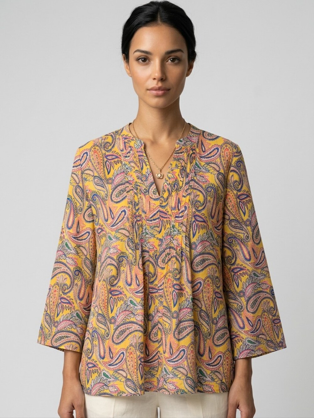LAUREN Ralph Lauren 2X Paisley Tunic Top Pin-tuck Pure Cotton Bell Sleeves Sheer